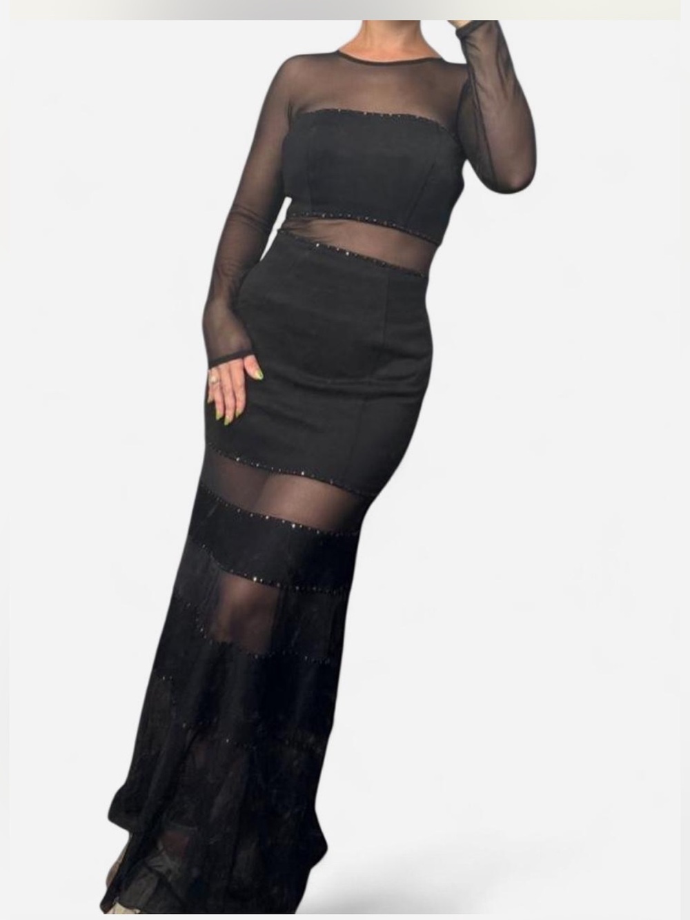 Vintage “Tadashi Shoji” Black Long-Sleeve Mesh Evening Gown